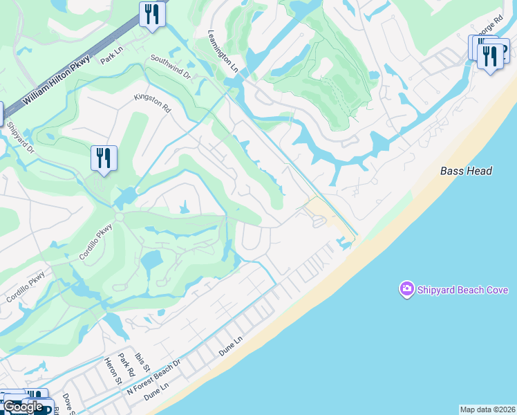 map of restaurants, bars, coffee shops, grocery stores, and more near 185 The Greens in Hilton Head Island