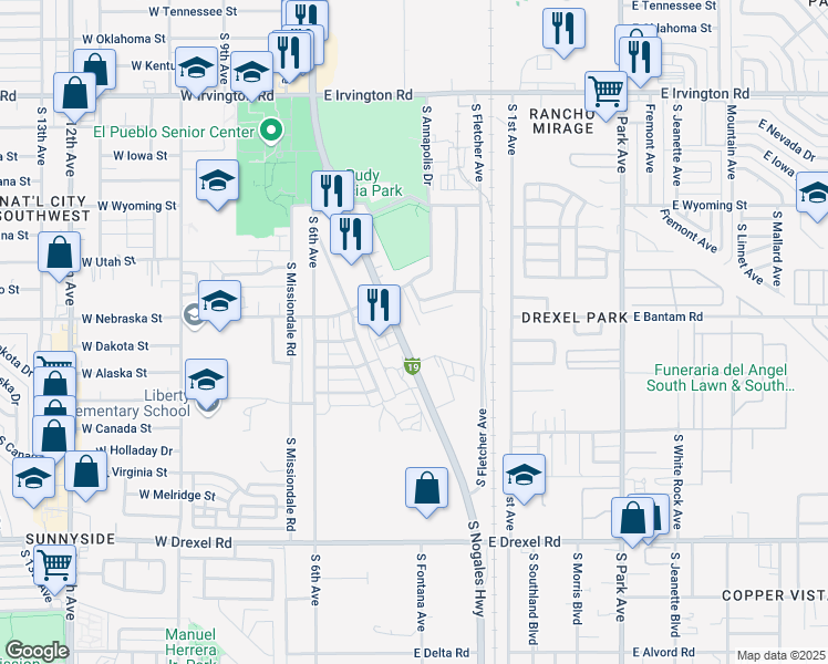map of restaurants, bars, coffee shops, grocery stores, and more near 5359 South Nogales Highway in Tucson