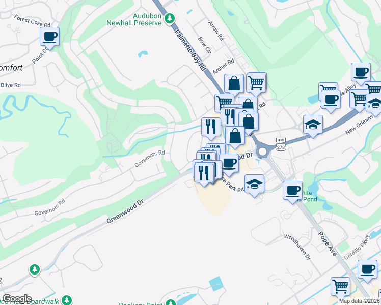map of restaurants, bars, coffee shops, grocery stores, and more near 8 Acorn Lane in Hilton Head Island