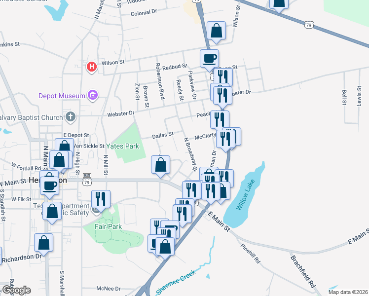 map of restaurants, bars, coffee shops, grocery stores, and more near 302 Arnold Street in Henderson