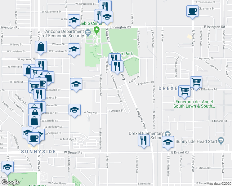 map of restaurants, bars, coffee shops, grocery stores, and more near 5322 South Champion Stravenue in Tucson