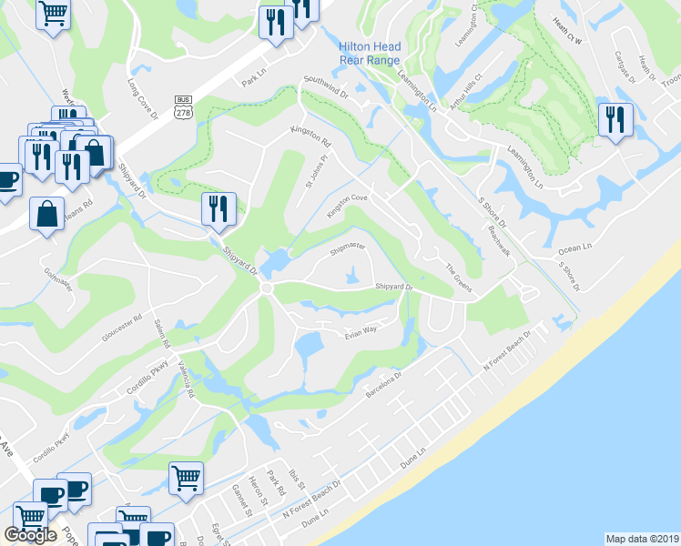 map of restaurants, bars, coffee shops, grocery stores, and more near 65 Shipyard Drive in Hilton Head Island