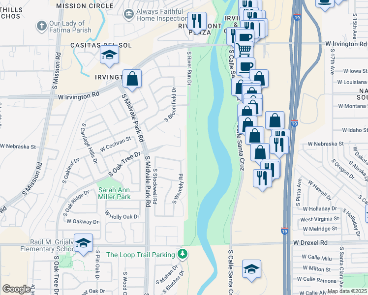 map of restaurants, bars, coffee shops, grocery stores, and more near 5305 South Newcastle Court in Tucson