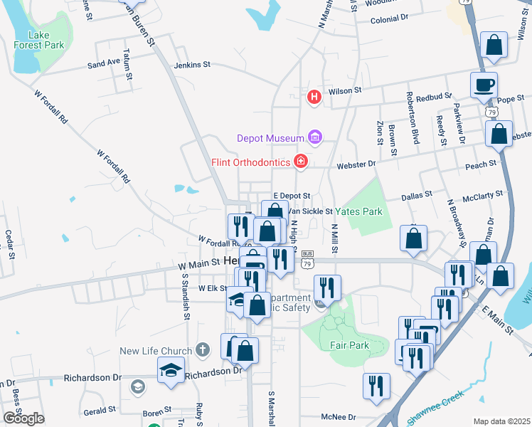 map of restaurants, bars, coffee shops, grocery stores, and more near 301 North Marshall Street in Henderson