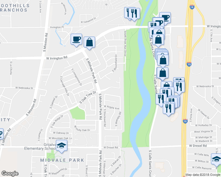 map of restaurants, bars, coffee shops, grocery stores, and more near 5349 South Newcastle Court in Tucson