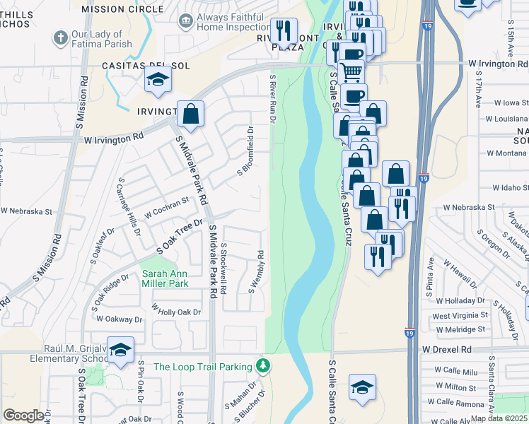 map of restaurants, bars, coffee shops, grocery stores, and more near 5305 South Newcastle Court in Tucson