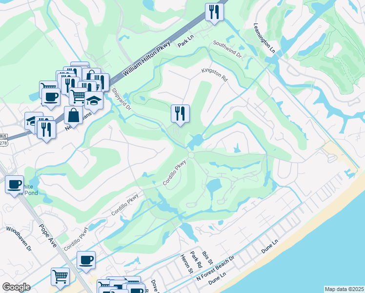 map of restaurants, bars, coffee shops, grocery stores, and more near 63 Shipyard Drive in Hilton Head Island