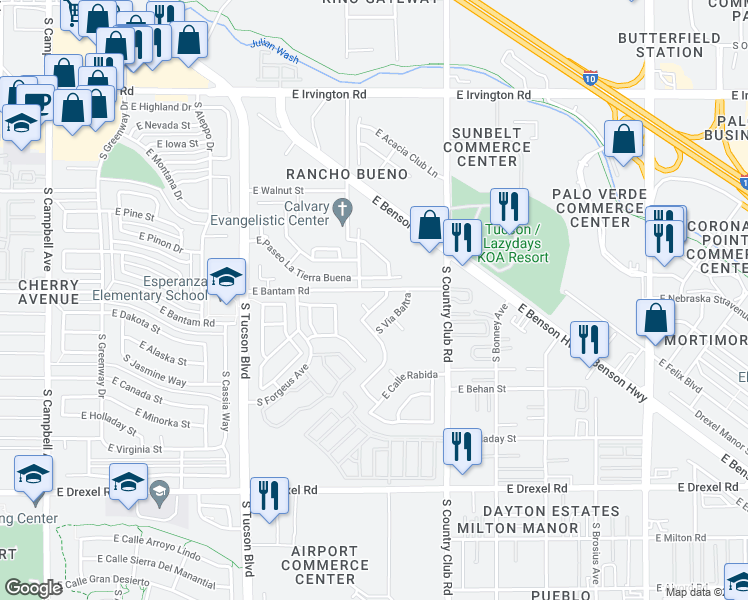 map of restaurants, bars, coffee shops, grocery stores, and more near 5332 South Via Galapagos in Tucson