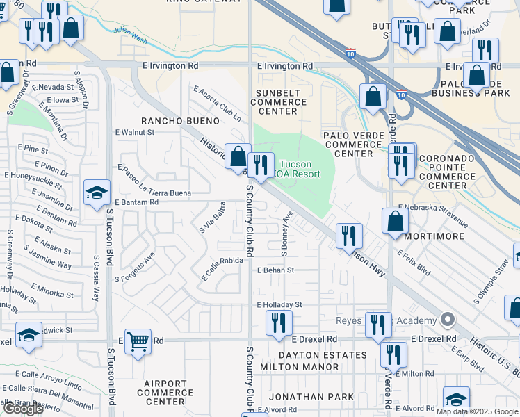map of restaurants, bars, coffee shops, grocery stores, and more near 5341 South Country Club Road in Tucson
