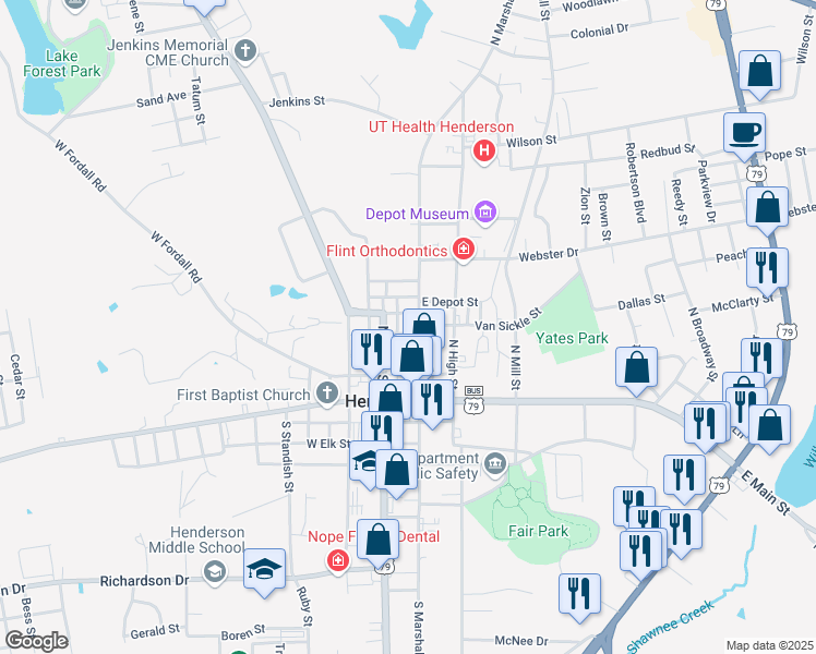 map of restaurants, bars, coffee shops, grocery stores, and more near 301 North Marshall Street in Henderson