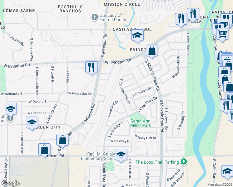 map of restaurants, bars, coffee shops, grocery stores, and more near 1801 West Deacon Drive in Tucson