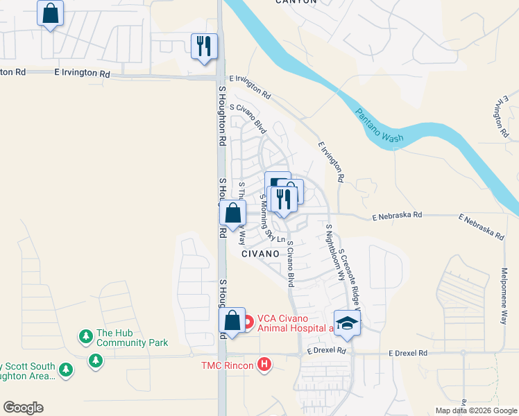 map of restaurants, bars, coffee shops, grocery stores, and more near 10409 East Seven Generations Way in Tucson