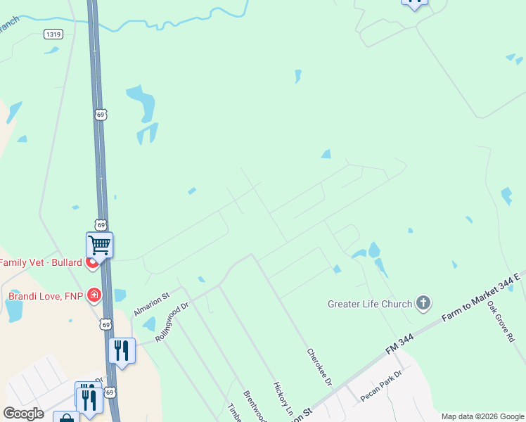 map of restaurants, bars, coffee shops, grocery stores, and more near 143 Kingston Crossing in Bullard