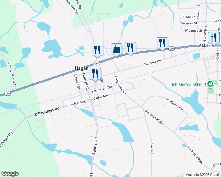 map of restaurants, bars, coffee shops, grocery stores, and more near 744 South Railroad Avenue in Claxton