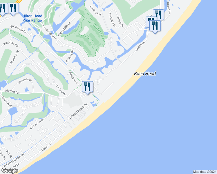 map of restaurants, bars, coffee shops, grocery stores, and more near 160 S Shore Dr in Hilton Head Island