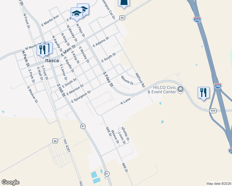 map of restaurants, bars, coffee shops, grocery stores, and more near 612 South Files Street in Itasca