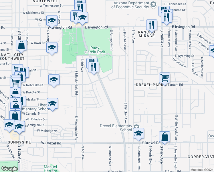 map of restaurants, bars, coffee shops, grocery stores, and more near 5359 South Nogales Highway in Tucson