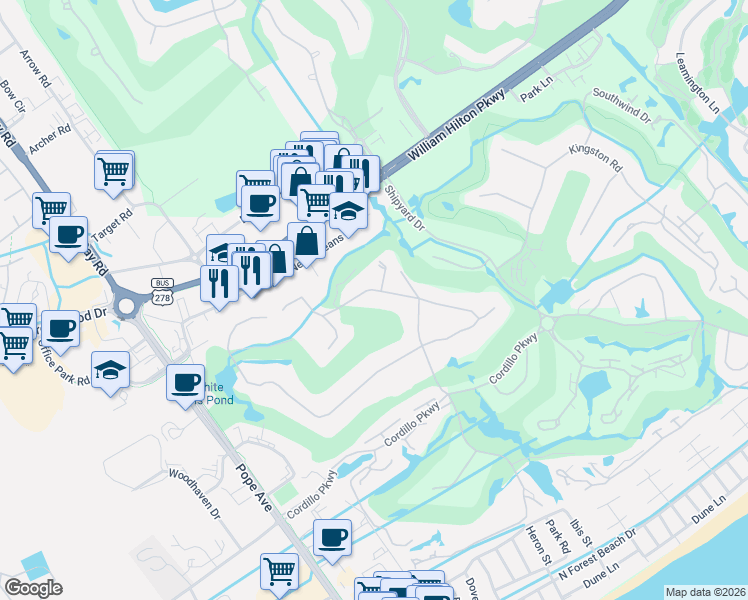 map of restaurants, bars, coffee shops, grocery stores, and more near 3 Gloucester Road in Hilton Head Island