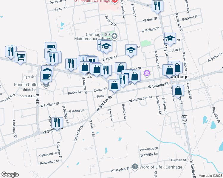 map of restaurants, bars, coffee shops, grocery stores, and more near 500-598 West Sabine Street in Carthage