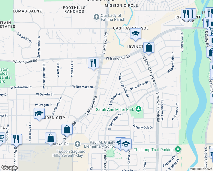 map of restaurants, bars, coffee shops, grocery stores, and more near 5273 South Fox Trot Drive in Tucson