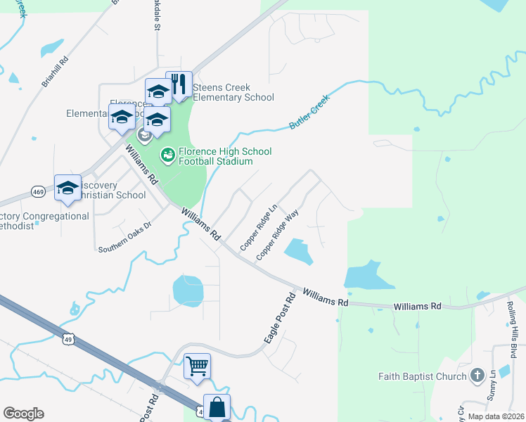 map of restaurants, bars, coffee shops, grocery stores, and more near 308 White Sand Road in Florence