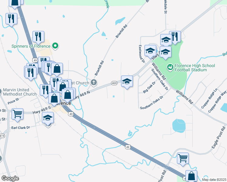 map of restaurants, bars, coffee shops, grocery stores, and more near 112 Indian Creek Drive in Florence