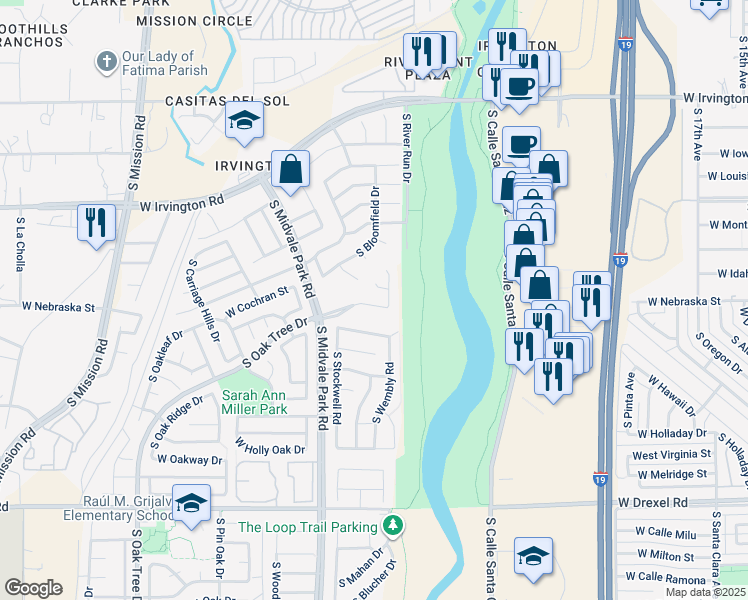 map of restaurants, bars, coffee shops, grocery stores, and more near 5330 South Newcastle Court in Tucson