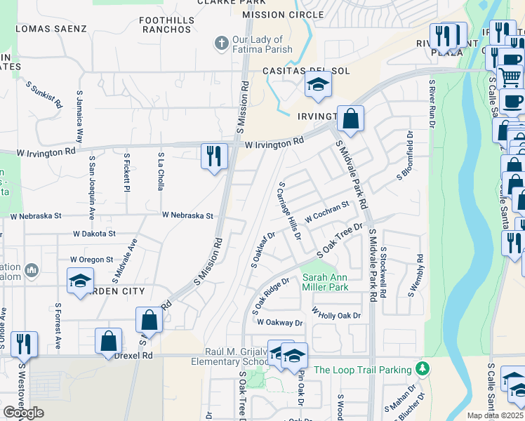 map of restaurants, bars, coffee shops, grocery stores, and more near 5273 South Fox Trot Drive in Tucson