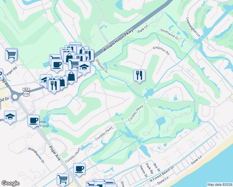 map of restaurants, bars, coffee shops, grocery stores, and more near 15 Gloucester Road in Hilton Head Island