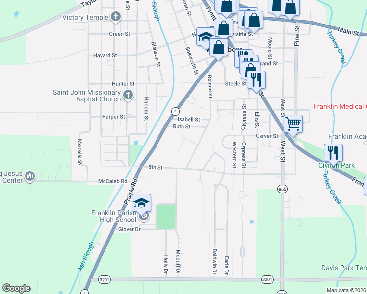 map of restaurants, bars, coffee shops, grocery stores, and more near 2368-2598 Roland St in Winnsboro