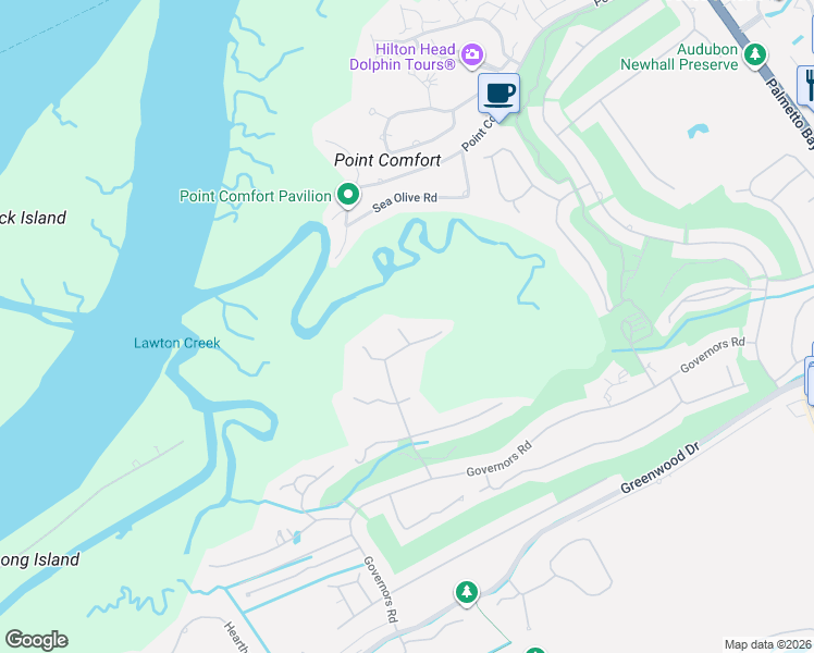 map of restaurants, bars, coffee shops, grocery stores, and more near 24 Long Marsh Lane in Hilton Head Island
