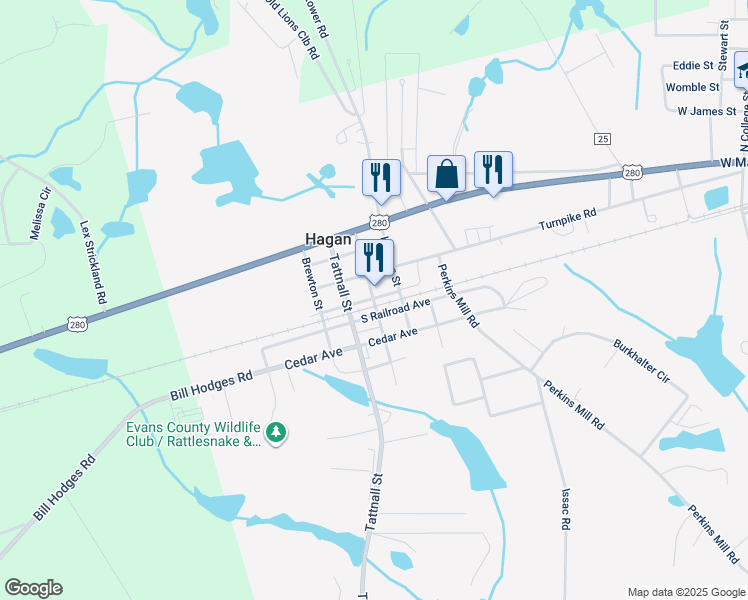 map of restaurants, bars, coffee shops, grocery stores, and more near in Hagan
