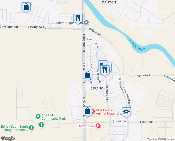 map of restaurants, bars, coffee shops, grocery stores, and more near 5300 South Thunder Sky Way in Tucson