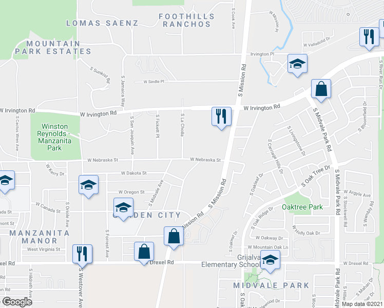 map of restaurants, bars, coffee shops, grocery stores, and more near 2040 West Nebraska Street in Tucson
