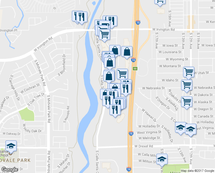 map of restaurants, bars, coffee shops, grocery stores, and more near 5265 South Calle Santa Cruz in Tucson