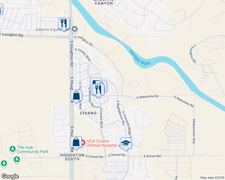 map of restaurants, bars, coffee shops, grocery stores, and more near 10551 East Seven Generations Way in Tucson