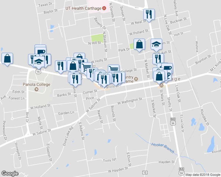 map of restaurants, bars, coffee shops, grocery stores, and more near 453 West Panola Street in Carthage