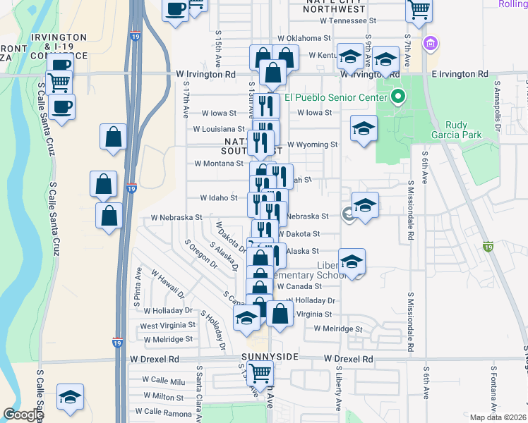 map of restaurants, bars, coffee shops, grocery stores, and more near 5266 South 12th Avenue in Tucson