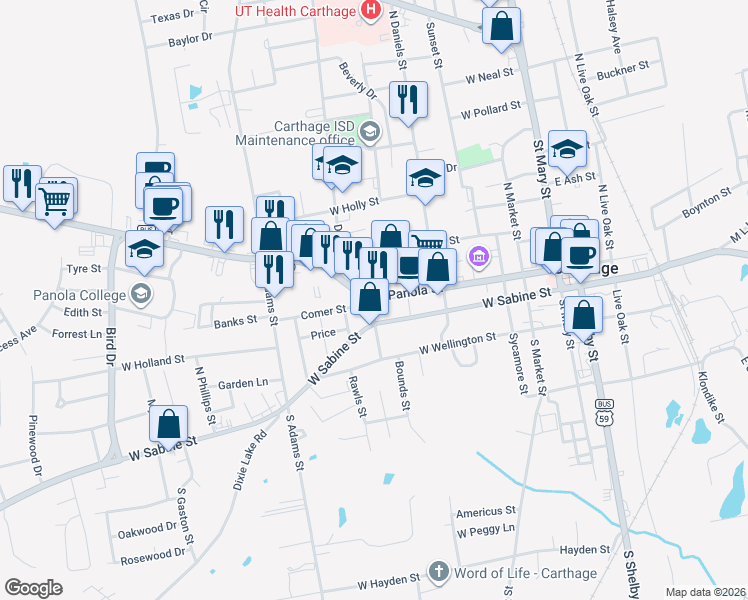 map of restaurants, bars, coffee shops, grocery stores, and more near 598 West Sabine Street in Carthage