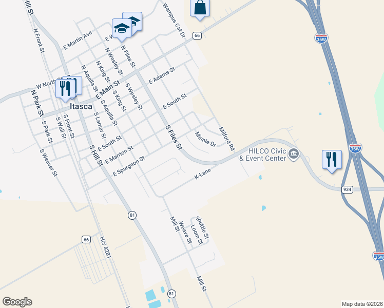 map of restaurants, bars, coffee shops, grocery stores, and more near 616 South Files Street in Itasca