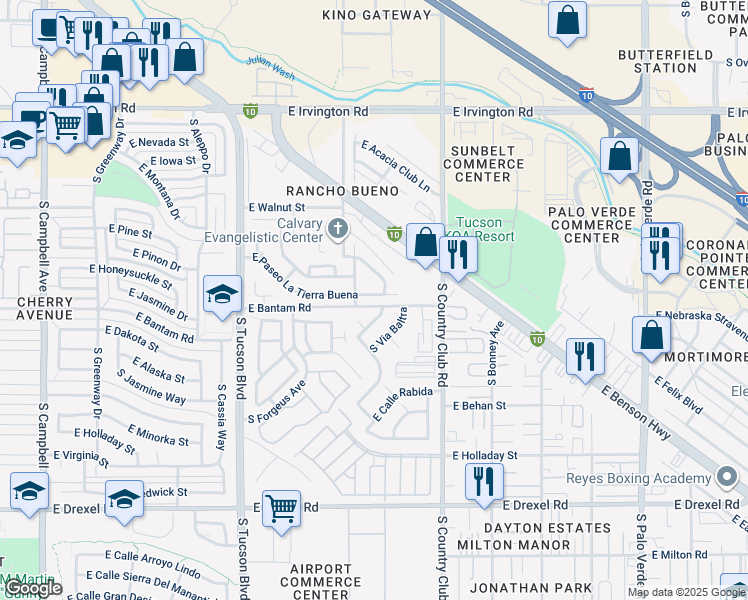 map of restaurants, bars, coffee shops, grocery stores, and more near 2900 East Paseo La Tierra Buena in Tucson