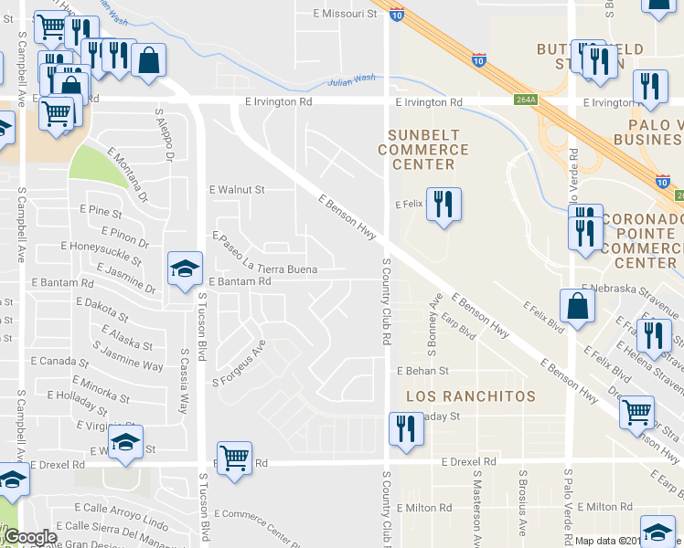 map of restaurants, bars, coffee shops, grocery stores, and more near 2960 East Paseo La Tierra Buena in Tucson
