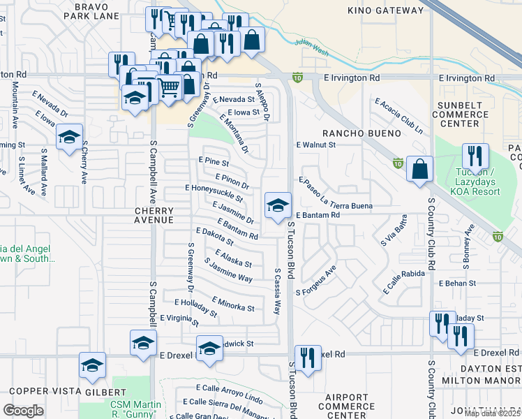 map of restaurants, bars, coffee shops, grocery stores, and more near 5250 South Aleppo Drive in Tucson