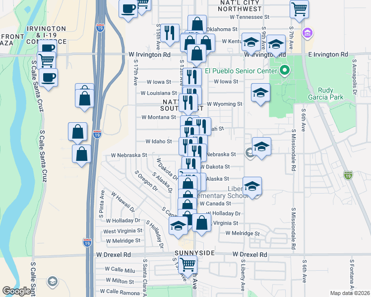 map of restaurants, bars, coffee shops, grocery stores, and more near 5259 South 13th Avenue in Tucson