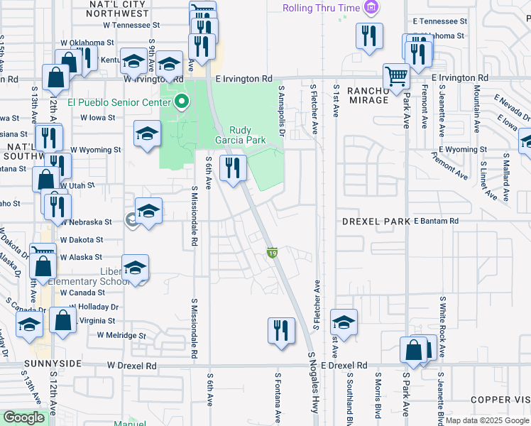 map of restaurants, bars, coffee shops, grocery stores, and more near 5301 South Nogales Highway in Tucson