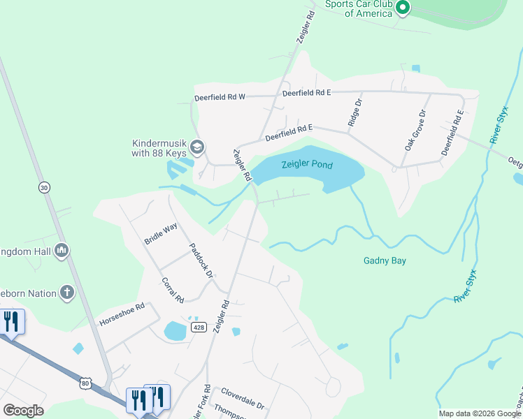 map of restaurants, bars, coffee shops, grocery stores, and more near 556 Zeigler Road in Bloomingdale