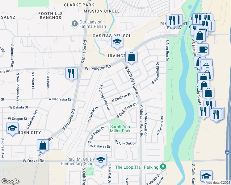 map of restaurants, bars, coffee shops, grocery stores, and more near 1732 West Newhall Drive in Tucson