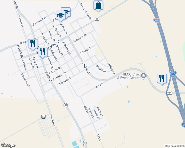 map of restaurants, bars, coffee shops, grocery stores, and more near 601 South Files Street in Itasca