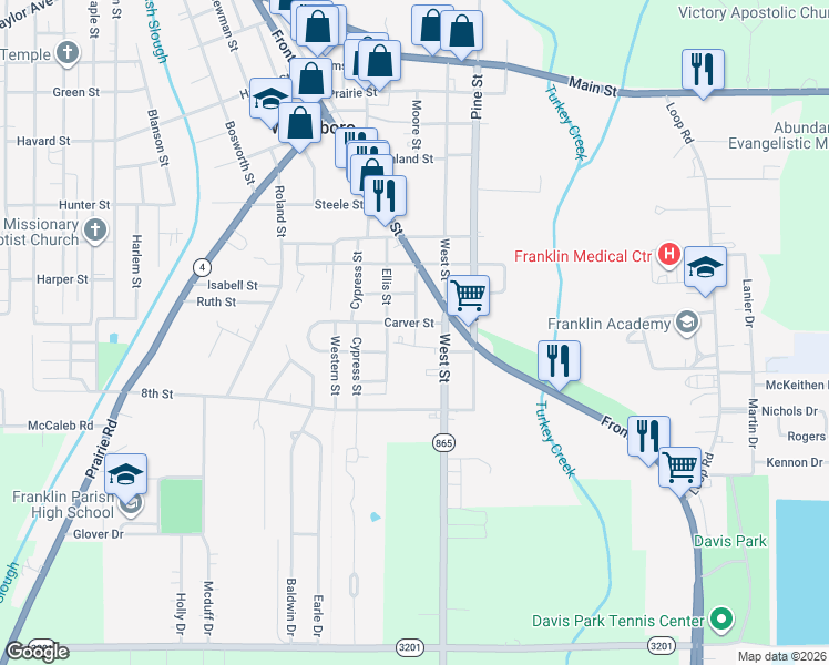 map of restaurants, bars, coffee shops, grocery stores, and more near 501 Carver Street in Winnsboro