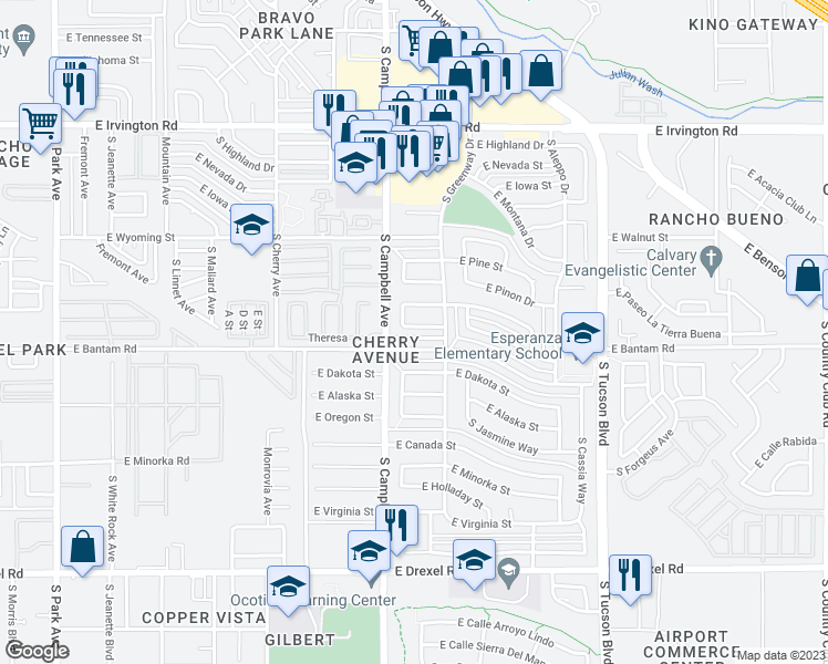 map of restaurants, bars, coffee shops, grocery stores, and more near 1920 East Jasmine Drive in Tucson